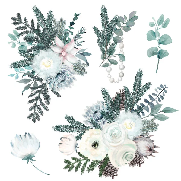 Kolekce Akvarelů Zimní Kytice Květinami Rostlinami Perlami Girlandy Vánoční Květinové — Stock fotografie