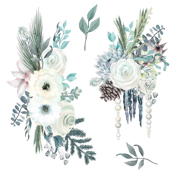 Set Von Aquarell Wintersträußen Mit Blumen Pflanzen Und Perlenkränzen Weihnachtsblumen — Stockfoto