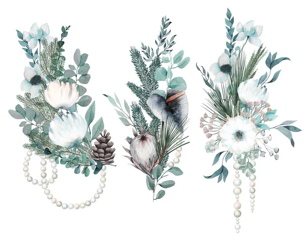 Set Von Aquarell Wintersträußen Mit Weißen Blumen Pflanzen Und Perlenkränzen — Stockfoto