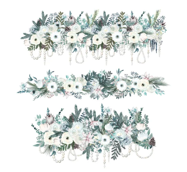Collection of watercolor winter floral garlands with fir branches, white flowers, plants and pearl garlands; Christmas floral clipart on white background