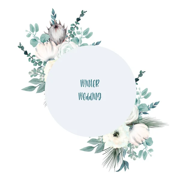 Runder Rahmen Aus Aquarell Winterblumen Artischocken Kiefern Und Eukalyptuszweigen Winterkartendesign — Stockfoto