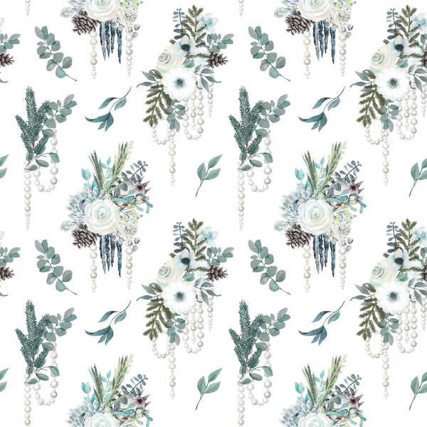 Seamless pattern of watercolor winter bouquets with white flowers, eucalyptus and pine branches, pearl garlands  illustration on white background