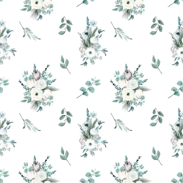 Sömlös Mönster Akvarell Vinter Buketter Med Vita Blommor Eukalyptus Och — Stockfoto