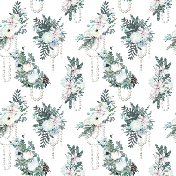 Sömlös Mönster Akvarell Vinter Buketter Med Vita Blommor Eukalyptus Och — Stockfoto