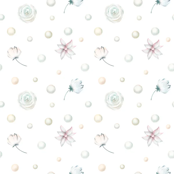 Seamless Pattern Watercolor Winter White Flowers Pearl Beads Illustration White — Stock Photo, Image