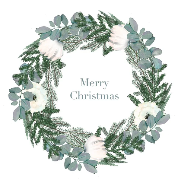 Wreath of watercolor winter flowers, spruce and eucalyptus branches; Christmas card design
