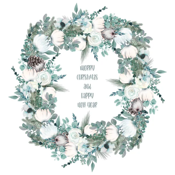 Věnec Akvarelu Zimní Květiny Jedle Kornouty Smrk Eukalyptové Větve Vánoční — Stock fotografie