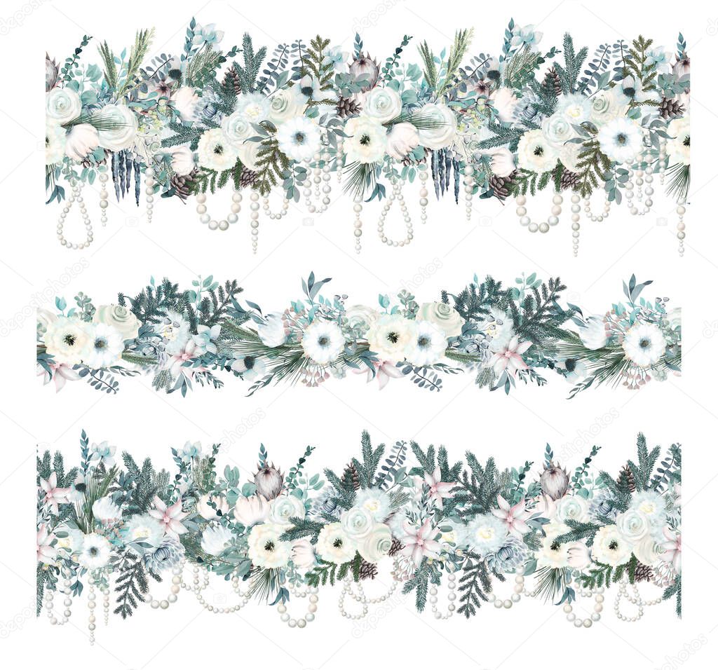 Collection of watercolor winter floral seamless garlands with fir branches, white flowers, plants and pearl garlands; Christmas floral clipart on white background