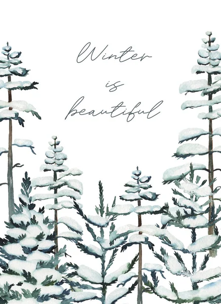 Šablona Karty Akvarelem Zasněžené Borovice Jedle Zimní Les Pozadí Ručně — Stock fotografie