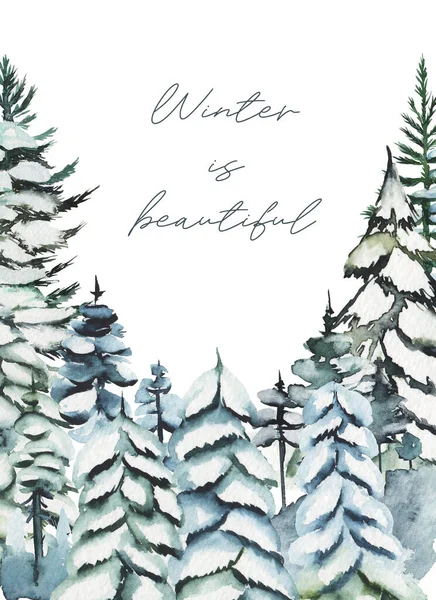 Šablona Karty Akvarelem Zasněžené Jedle Zimní Les Pozadí Ručně Kreslené — Stock fotografie
