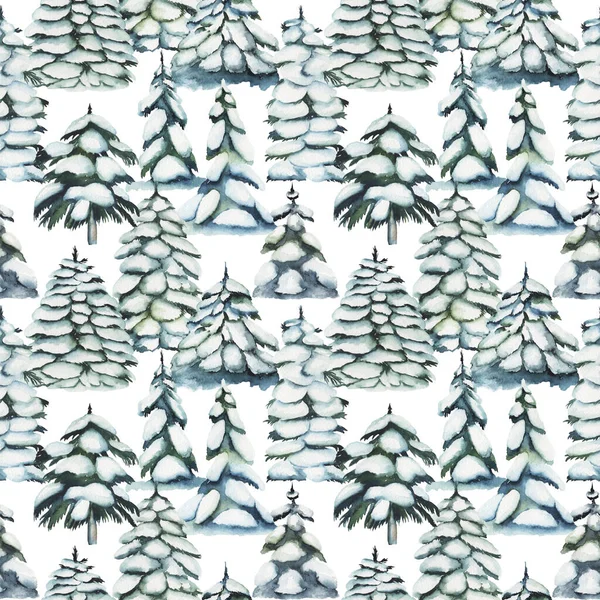 Seamless Pattern Watercolor Snowy Fir Trees Hand Drawn White Background — Stock Photo, Image