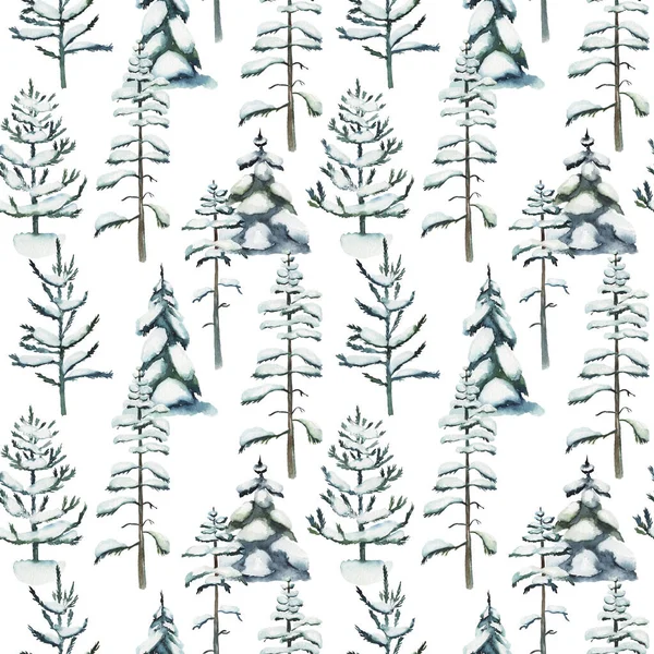 Seamless Pattern Watercolor Snowy Pine Trees Spruce Hand Drawn White — Stock Photo, Image