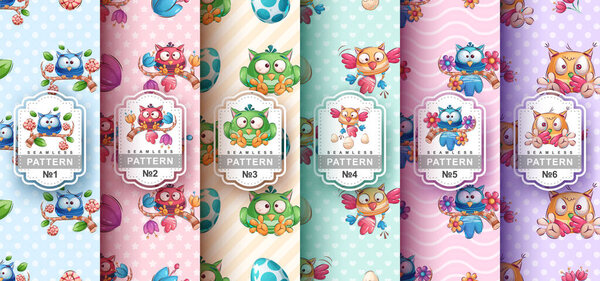 Cartoon character bird and seamless pattern