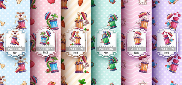 Cartoon character animal in trash and seamless pattern