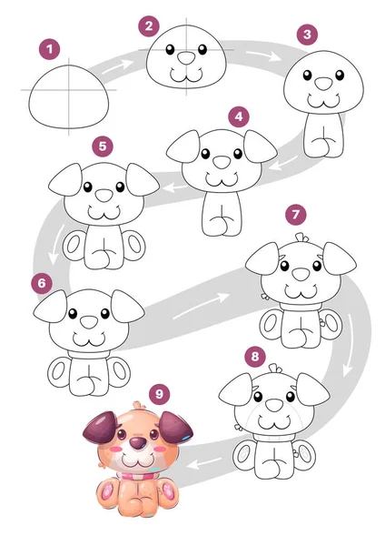 Dibujo de dibujos animados carácter perro doméstico, paso a paso tutorial. — Vector de stock