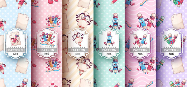 Set childish cartoon character pencil seamless pattern. Vector eps 10