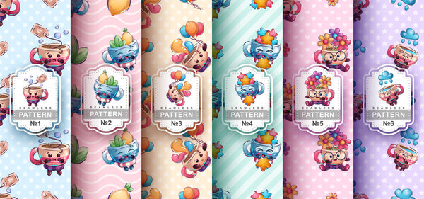 Set childish cartoon character cup of tea seamless pattern. Vector eps 10