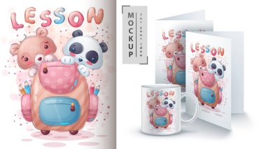 Panda, okul çantası posteri ve satış konusunda sabırlı ol. Vektör 10