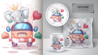 Seyahat eden fil nükteli hava balonu posteri ve pazarlama. Vektör 10