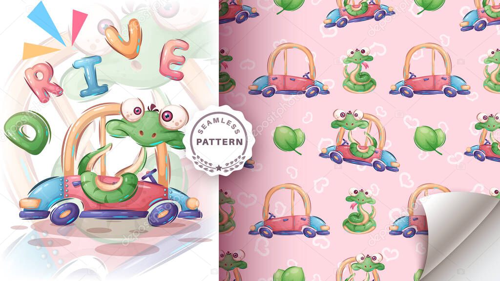 Snake drive the car - seamless pattern. Vector eps 10