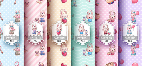 Seamless pattern cartoon character adorable rabbit, pretty zoo idea for print t-shirt, poster and kids envelope, postcard. Cute hand drawn style wildlife. Vector eps 10