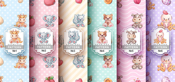 Seamless pattern cartoon character adorable animal, pretty zoo idea for print t-shirt, poster and kids envelope, postcard. Cute hand drawn style wildlife. Vector eps 10