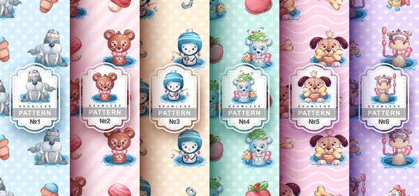 Seamless pattern cartoon character adorable animal in hole, pretty zoo idea for print t-shirt, poster and kids envelope, postcard. Cute hand drawn style wildlife. Vector eps 10