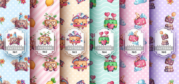 Seamless pattern cartoon character adorable suitcase, pretty idea for print t-shirt, poster and kids envelope, postcard. Cute hand drawn style bag. Vector eps 10