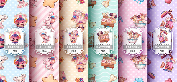 Seamless pattern cartoon character adorable animal in vase, pretty zoo idea for print t-shirt, poster and kids envelope, postcard. Cute hand drawn style wildlife. Vector eps 10