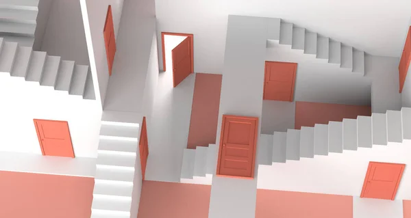Maze of doors and stairs. Copy space. 3D Illustration.