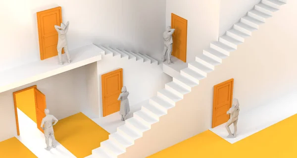 Maze of doors and stairs with people in front of doors. Copy space. 3D Illustration.