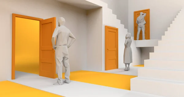 Maze of doors and stairs with people in front of doors. Copy space. 3D Illustration.