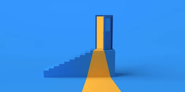 Open door on stairs. Copy space. 3D Illustration.