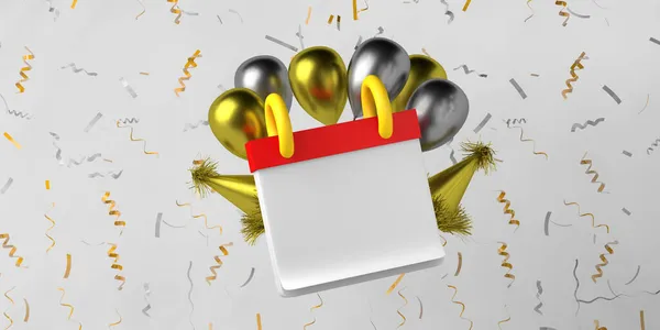 New Year Eve Calendar Mockup Balloons Confetti Copy Space Illustration — Stock Photo, Image