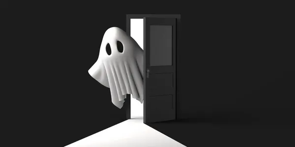 Fantasma Sair Uma Porta Meio Aberta Halloween Espaço Para Cópia — Fotografia de Stock