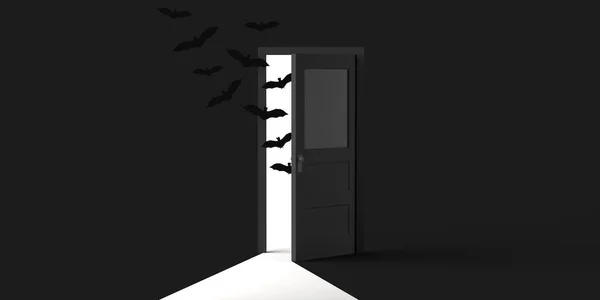 Morcegos Sair Uma Porta Meio Aberta Halloween Espaço Para Cópia — Fotografia de Stock