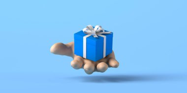 Salı arkaplanını el bağışı hediyesiyle vermek. Hayırseverlik. 3B illüstrasyon.