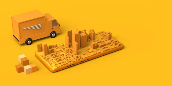 市内やスマートフォンでトラックと配送コンセプト 物流だ オンライン追跡 コピースペース 3Dイラスト — ストック写真