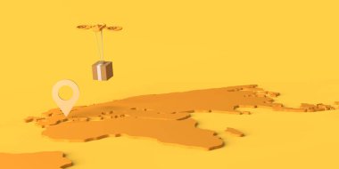 Dünya haritası ve insansız hava aracının teslimat konsepti. Lojistik. Uzayı kopyala 3B illüstrasyon.