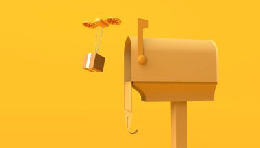 İHA ve posta kutusunda teslimat konsepti. Lojistik. Uzayı kopyala 3B illüstrasyon.