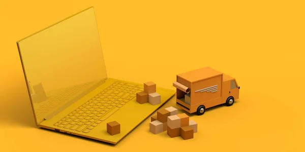 Kamyon, kutu ve dizüstü bilgisayarla teslimat konsepti. Lojistik. Çevrimiçi izleme. Uzayı kopyala 3B illüstrasyon.