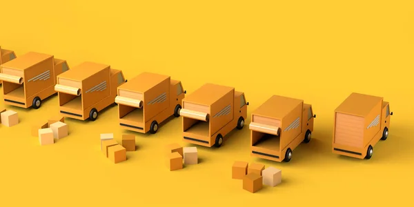 Kutuları yükleyen kamyonların teslimat konsepti. Lojistik. Uzayı kopyala 3B illüstrasyon.