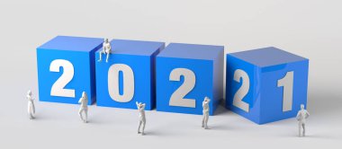 2021 'den 2022' ye mavi küplerle ve insanlarla birlikte değişin. 3B illüstrasyon.