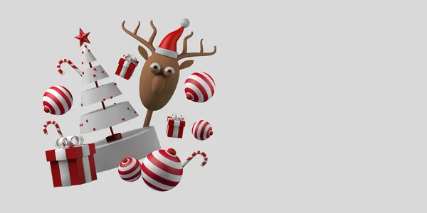 Weihnachtskonzept Mit Geschenken Kugeln Zuckerstangen Und Weihnachtsmann Rentieren Kopierraum Illustration — Stockfoto