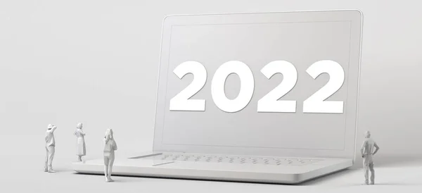 Emberek Egy Csoportja Néz Egy Hatalmas Laptopot 2022 Ben Illusztráció — Stock Fotó
