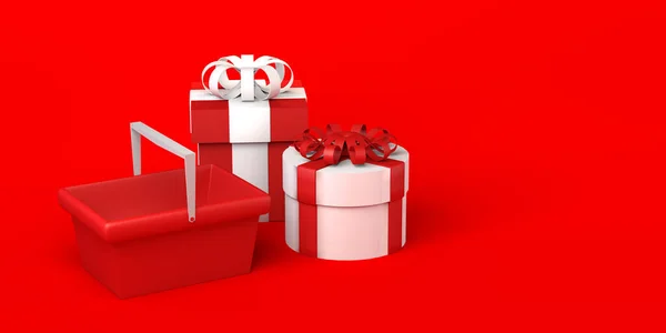 圣诞礼品盒和购物篮 复制空间 3D插图 — 图库照片