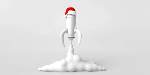 Foguete Arrancar Com Chapéu Pai Natal Natal Espaço Para Cópia — Fotografia de Stock