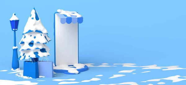 Concepto Compras Online Invierno Con Smartphone Nieve Ilustración Copiar Espacio — Foto de Stock