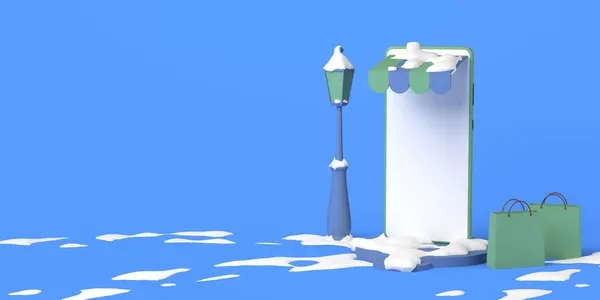 Зимний Онлайн Шопинг Смартфоном Снегом Иллюстрация Копирование Пространства — стоковое фото
