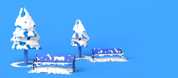 Парк Зимний День Снегом Падающим Скамейки Деревья Принято Иллюстрация — стоковое фото